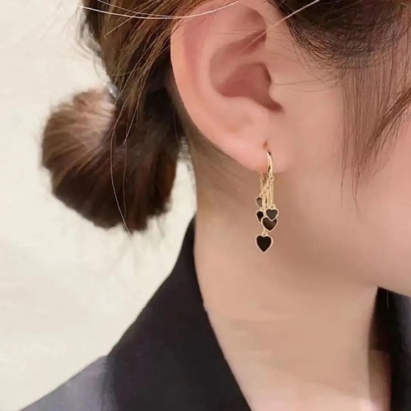 “Cross My Heart” Hoop Gold Black Heart Valentines Date Dangle Gift Cute Earrings - Picture 3 of 3